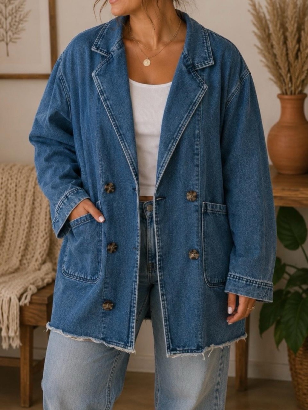 Denim Oversized Double-Breasted Jacket - Blue